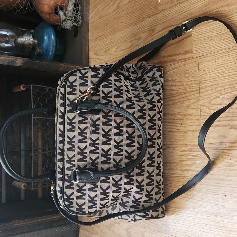 Michael Kors Black and Tan MK Pattern Satchel